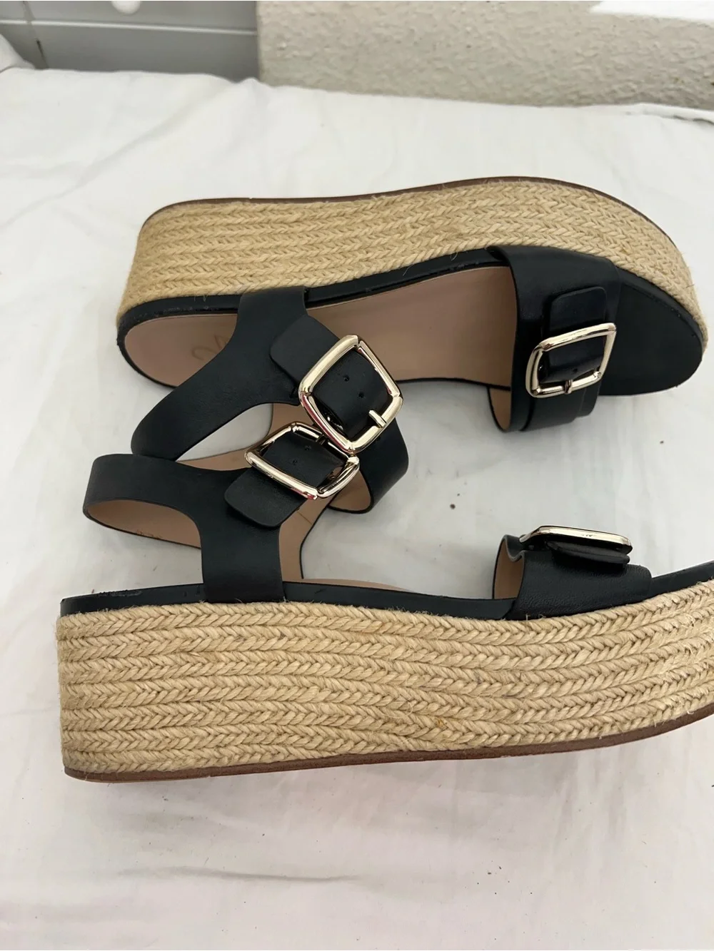 27 EDIT Black Platform Espadrille Sandals with Gold Buckles